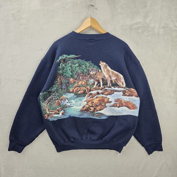Vintage Habitat Wolves Sweatshirt Mens Large 90s Nature AOP Animal Wrap Around - Picture 6 of 8